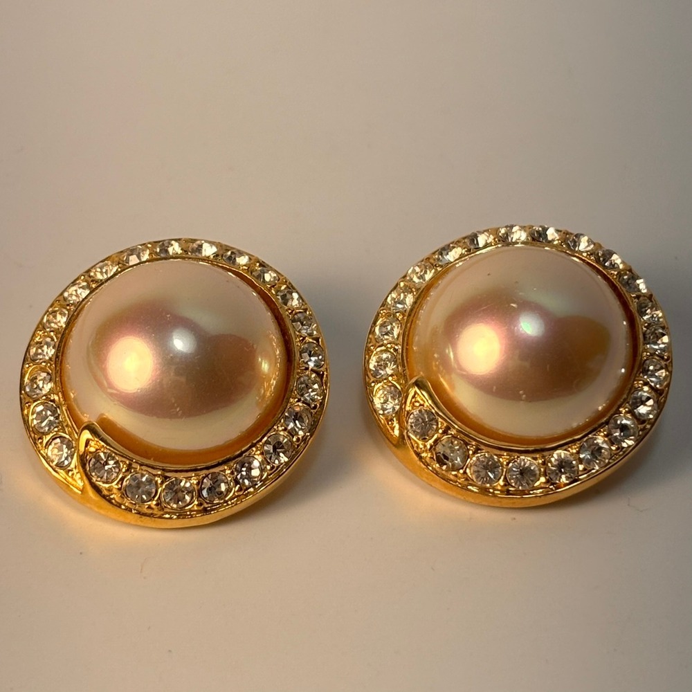 Vintage Roman‎ Clip On Earrings Gold Tone Faux Pearl Rhinestone Statement 90s - Picture 2 of 6